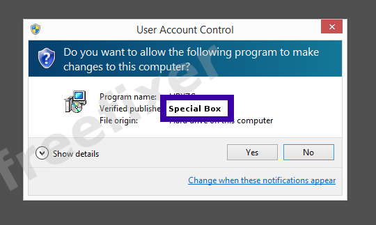 Screenshot where Special Box appears as the verified publisher in the UAC dialog